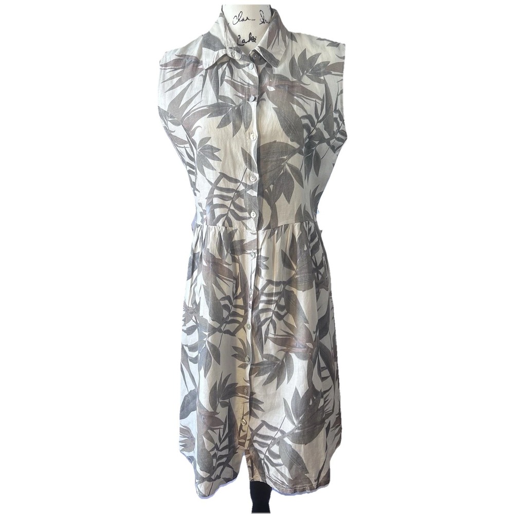 Laura Bianchi 100% Linen Shirt Dress Sleeveless‎ Button Front Palm Leaf Size S